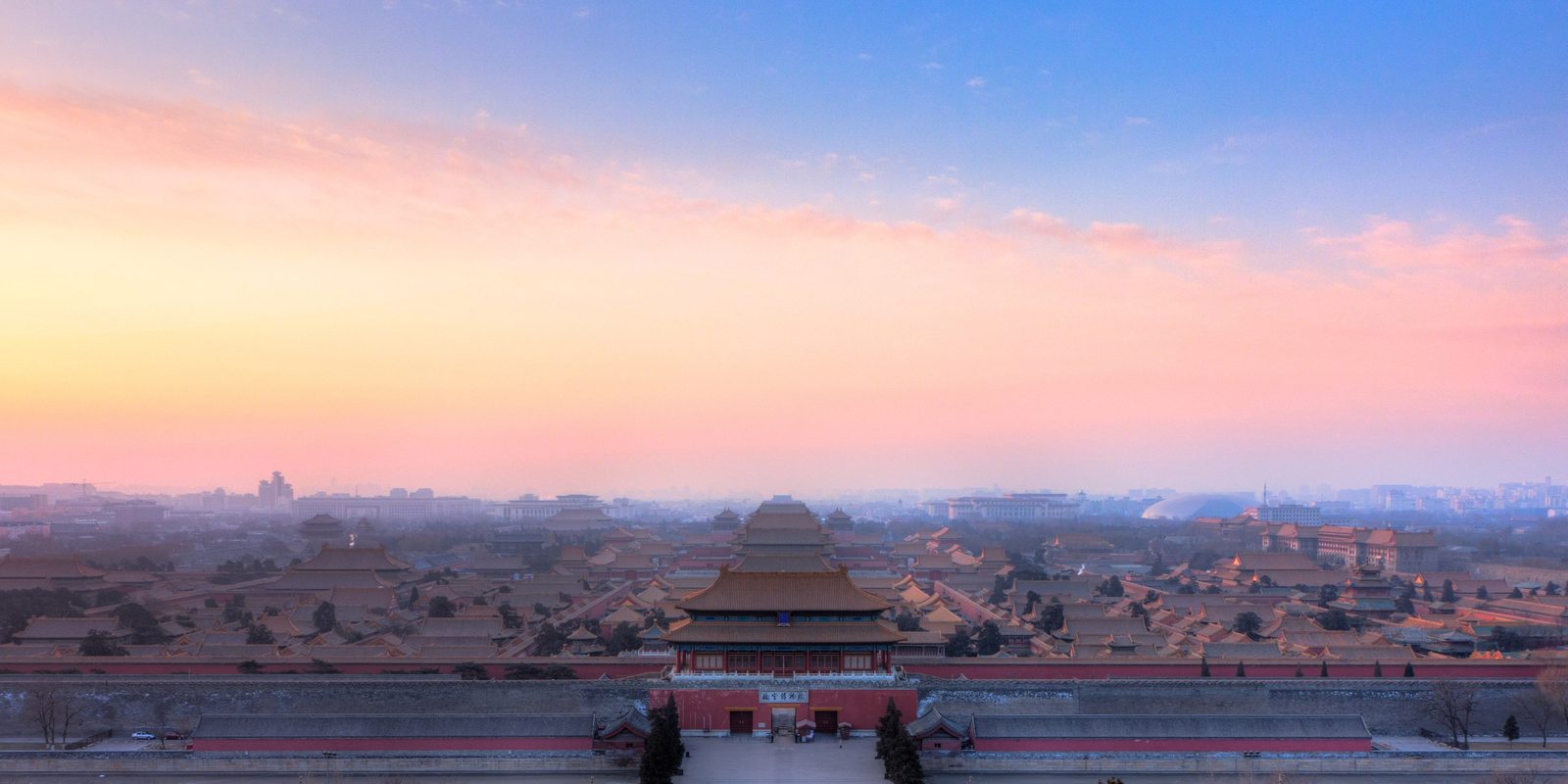 Forbidden City seen from above at sunset