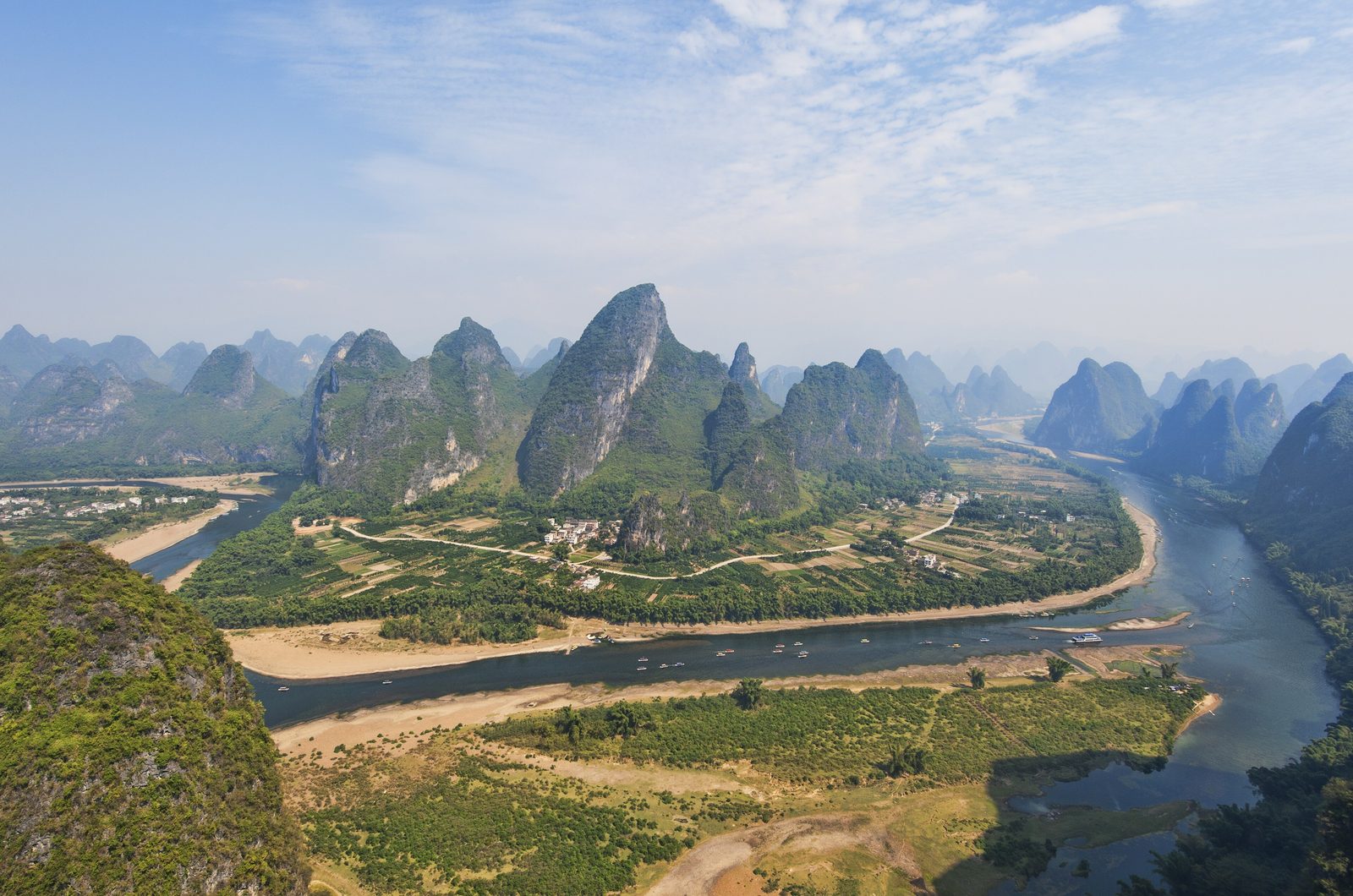 Li River winding through karst mountains near Guilin and Yangshuo